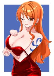  :p ;p absurdres arm_under_breasts bare_arms bare_shoulders border breasts cleavage collarbone commentary dress earrings eduson02 english_commentary eyelashes female highres jewelry large_breasts light_blush long_hair looking_at_viewer nami_(one_piece) one_eye_closed one_piece orange_hair outside_border pearl_earrings red_dress shiny_clothes shoulder_tattoo sidelocks solo strap_slip tattoo tongue tongue_out upper_body wavy_hair white_border 