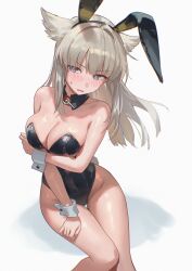  absurdres animal_ear_hairband animal_ears arknights arknights:_endfield arm_under_breasts bare_shoulders bird_ears black_leotard blue_eyes blush breasts cleavage commentary covered_navel detached_collar embarrassed fake_animal_ears fake_tail female grey_hair groin hair_intakes hairband highres large_breasts leotard long_hair looking_at_viewer parted_lips perlica_(arknights) playboy_bunny rabbit_ear_hairband rabbit_ears rabbit_tail request_inset revision shiny_skin simple_background small_sweatdrop solo strapless strapless_leotard sweat tail textless_version thigh_gap thighs uof v-shaped_eyebrows white_background white_wrist_cuffs wrist_cuffs 