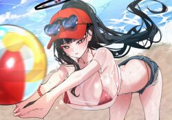  absurdres alternate_costume ass ball beach_volleyball beachball beads bent_over bikini black_hair blue_archive blunt_bangs blurry blurry_foreground breasts bump_(volleyball) cleavage cloud commentary cutoffs denim denim_shorts eyewear_on_head female from_above hair_behind_ear halo hat highres huge_breasts long_hair mango_(mango0208) micro_bikini multicolored_halo outdoors red_bikini red_eyes red_hat ringed_eyes rio_(blue_archive) sand see-through_cleavage see-through_clothes see-through_shirt shirt shore short_shorts shorts sky sweat swimsuit two-tone_halo very_long_hair volleyball_(sport) water 