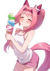  absurdres alternate_costume animal_ears bare_shoulders blush bow breasts closed_eyes closed_mouth commentary dolphin_shorts ear_bow ear_covers female food freely2327 hairband haru_urara_(umamusume) headband highres holding holding_ice_cream_cone horse_ears horse_girl horse_tail ice_cream ice_cream_cone long_hair multiple_scoops pink_bow pink_hair pink_headband pink_shorts pink_tail ponytail red_headband shorts simple_background small_breasts smile solo striped_bow tail tank_top tongue tongue_out umamusume untranslatable_commentary white_background white_tank_top 