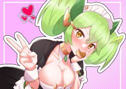  absurdres ashikoshi_jakushi blush breasts brown_eyes cleavage commentary_request dragon_girl dragon_horns dress duel_monster female food_in_mouth green_hair hair_ornament hand_on_own_cheek hand_on_own_face heart highres horns large_breasts looking_at_viewer maid maid_headdress oerba_yun_fang parlor_dragonmaid solo spoken_heart twintails v white_wrist_cuffs wrist_cuffs yu-gi-oh! 