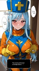  alternate_language blonde_hair blue_hair blue_hat blue_tabard blurry blurry_background blush bodysuit breasts closed_mouth commentary_request dragon_quest dragon_quest_iii elf_(stroll_in_the_woods) english_text female hat highres large_breasts looking_at_viewer orange_bodysuit priest_(dq3) red_eyes red_pupils solo speech_bubble tabard window 