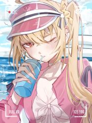  ahoge bikini blonde_hair blush breasts choker collarbone commentary_request crossed_bangs cup drinking drinking_straw drinking_straw_in_mouth female hair_between_eyes hair_ornament hair_scrunchie highres holding holding_cup jacket long_hair looking_at_viewer luciana_de_montefio luciana_de_montefio_(princess_on_holiday) official_alternate_costume one_eye_closed pink_jacket pink_visor_cap recording red_eyes scrunchie side_ponytail small_breasts solo sweat swimsuit upper_body visor_cap water white_bikini white_choker yumemidori_1616 zenless_zone_zero 