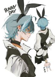  2boys animal_ear_hairband animal_ears belt black_boots black_bow black_bowtie black_choker black_gloves black_hairband blonde_hair boots bow bowtie choker collared_shirt cropped_legs curtained_hair english_text fake_animal_ears genshin_impact gloves hairband highres lohen_(genshin_impact) lohen_(standardized_test)_(genshin_impact) long_sleeves male_focus male_underwear multiple_boys multiple_views official_alternate_costume open_collar pants parted_bangs rabbit_ear_hairband rabbit_ears rabbit_tail shirt short_hair solo_focus tail thigh_belt thigh_strap topless_male twitter_username underwear uquoozz varka_(genshin_impact) white_pants white_shirt 