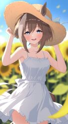  absurdres acht_augen alternate_costume animal_ears bare_shoulders blue_eyes blurry blurry_background blush breasts brown_hair cheval_grand_(umamusume) commentary_request dress female flower hair_between_eyes hands_on_headwear hat highres horse_ears horse_girl horse_tail looking_at_viewer medium_breasts multicolored_hair short_hair smile solo streaked_hair sun_hat sunflower tail umamusume white_dress white_hair 