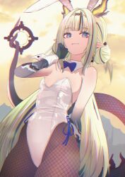  absurdres alternate_costume animal_ears arknights arknights:_endfield arm_behind_back bare_shoulders blue_eyes breasts brown_pantyhose chromatic_aberration colored_extremities commentary cowboy_shot fake_animal_ears female fishnet_pantyhose fishnets green_hair grin hair_intakes hand_on_own_cheek hand_on_own_face highres leotard long_hair looking_at_viewer multicolored_hair nikaidou_tetsuo pantyhose pink_hair playboy_bunny pointy_ears scales si_(arknights) side-tie_leotard small_breasts smile solo standing strapless strapless_leotard streaked_hair tail tail_raised white_hair white_leotard wrist_cuffs 
