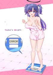  arms_at_sides bare_arms bare_legs bare_shoulders barefoot bathroom_scale black_halo blue_archive blush breasts cleavage collarbone comiket_108 commentary_request english_text female hair_between_eyes halo hands_up highres large_breasts leaning_forward long_hair mechanical_halo naked_towel open_mouth purple_eyes purple_hair sainyan_(strong7) solo standing tile_floor tiles towel twintails weighing_scale yuuka_(blue_archive) 