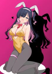  absurdres animal_ears arms_behind_back belt black_pantyhose blue_hair bow bowtie breasts clothing_cutout collarbone colored_inner_hair commentary_request cosplay detached_collar facial_mark fake_animal_ears female fishnet_pantyhose fishnets gold_leotard hair_ornament hair_over_one_eye hairband heart heart_cutout highres k_suke2nd kneeling leotard long_hair looking_at_viewer multicolored_hair necktie no_shoes open_mouth original pantyhose pink_background pink_belt pink_hair playboy_bunny rabbit_ears rabbit_hair_ornament rabbit_hole_(vocaloid) red_bow red_bowtie red_necktie shadow short_necktie skindentation solo teardrop_facial_mark thigh_belt thigh_strap two-tone_hair white_hairband x_hair_ornament 