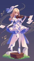  absurdres alternate_costume back_bow blonde_hair bow bow_(music) breasts chinese_commentary cleavage closed_mouth commentary_request dress elbow_gloves female frilled_dress frills full_body gloves hat hat_ribbon high_heels highres holding holding_bow_(music) holding_instrument holding_violin instrument large_breasts long_hair louise_(touhou) mechrailgun multicolored_gloves musical_note pages pantyhose purple_bow purple_dress purple_gloves purple_ribbon purple_shoes ribbon shoes smile solo thighhighs touhou touhou_(pc-98) two-tone_dress two-tone_gloves violin white_bow white_dress white_gloves white_hat white_pantyhose white_thighhighs yellow_eyes 