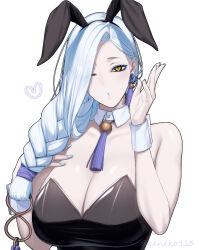  animal_ear_hairband animal_ears bare_shoulders black_leotard blue_lips blush braid breasts cleavage commentary_request detached_collar earrings eyeliner fake_animal_ears fate/grand_order fate_(series) female hairband hebi_nyoubou_(fate) highres jewelry large_breasts leotard long_hair looking_at_viewer low_neckline makeup one_eye_closed playboy_bunny puckered_lips rabbit_ear_hairband rabbit_ears solo suzuki_nene tassel tassel_earrings white_hair wrist_cuffs yellow_eyes 