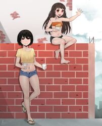  2girls :d absurdres against_wall alternate_costume alternate_hairstyle artist_name bandeau bare_shoulders barefoot bike_shorts black_eyes black_panties black_shorts blue_shorts blue_sky bob_cut breasts brick brick_wall building cleavage closed_mouth cloud cloudy_sky collarbone commentary commission cropped_shirt cup cutoffs denim denim_shorts disposable_cup eating empty_eyes english_commentary eyelashes flip-flops food food_bite full_body green_sandals hachikuji_mayoi hair_between_eyes hair_down highres holding holding_cup holding_food leaning long_hair looking_afar looking_at_viewer midriff monogatari_(series) multiple_girls narrowed_eyes navel on_wall open_clothes open_fly open_mouth open_shorts orange_bandeau oshino_ougi outdoors panties panty_peek piancaesar rebar red_eyes sandals second-party_source shirt short_hair short_shorts short_sleeves shorts sidewalk signature sitting sky small_breasts smile soles standing standing_on_one_leg strapless stucco summer t-shirt teeth toes town tube_top underwear upper_teeth_only waving yellow_shirt 