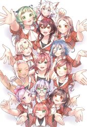  6+girls :d ;d animal_ear_fluff animal_ears arm_up baio_rin bell black_hair blonde_hair blue_eyes bonnouji_momoha bow brown_eyes brown_hair butterfly_on_hair cat_ears closed_eyes commentary dark-skinned_female dark_skin facing_viewer from_above glasses gradient_hair green_eyes green_hair hair_ornament hairbow heart heart_hair_ornament hifumi_suu highres idol_clothes index_finger_raised jingle_bell kaho_eira kedarui_aashii kimi_no_koto_ga_dai_dai_dai_dai_daisuki_na_100-nin_no_kanojo long_hair looking_at_viewer meido_mai momi_momiji multicolored_hair multiple_girls nakaji_uto neck_bell nekonari_tama oerba_yun_fang one_eye_closed open_mouth paw_pose pink_bow purple_eyes purple_hair red_eyes red_hair rentarou_family round_eyewear saiki_himeka sasarasa short_hair simple_background smile torotoro_kishika twintails white_background white_hair yakuzen_yaku yasashiki_yamame yellow_eyes 