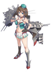  adapted_turret anti-aircraft_gun beret black_gloves blue_eyes blush boots breasts brown_hair cannon cleavage commentary_request covered_nipples female full_body gloves gradient_clothes gradient_skirt hair_ornament hairclip hat headgear kantai_collection large_breasts looking_at_viewer maya_(kancolle) maya_kai_ni_(kancolle) midriff mini_hat moke_ro navel open_mouth pleated_skirt rigging ship_turret short_hair skirt sleeveless smile smokestack solo white_background white_skirt x_hair_ornament 