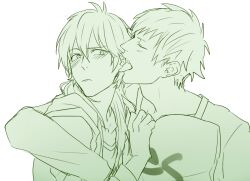  2boys blush closed_eyes closed_mouth collarbone commentary_request dramatical_murder holding holding_pillow kuwa_ayase licking licking_ear long_hair looking_at_another male_focus multiple_boys noiz_(dramatical_murder) pillow seragaki_aoba short_hair simple_background upper_body white_background yaoi 