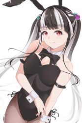  absurdres animal_ears armlet bang_dream! bang_dream!_girls_band_party! black_bow black_bowtie black_hair black_leotard black_pantyhose bow bowtie breasts bunny_day cleavage closed_mouth commentary detached_collar fake_animal_ears female highres jewelry leotard looking_at_viewer medium_breasts multicolored_hair nyubara_reona pantyhose playboy_bunny rabbit_ears red_eyes ryo_yanakasa solo twintails two-tone_hair white_hair white_wrist_cuffs wrist_cuffs 