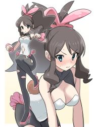  alternate_costume asamaru1225 bent_over black_pantyhose blue_eyes blush breasts brown_hair cleavage clenched_hands closed_mouth cosplay covered_collarbone fake_tail female high_heels highres hilda_(pokemon) leg_up leotard long_hair lopunny mega_lopunny mega_lopunny_(cosplay) multiple_views pantyhose pink_shoes pokemon pokemon_black_and_white ponytail rabbit_tail shoes sidelocks sweat tail white_leotard 