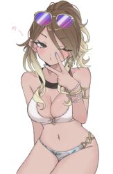  bead_bracelet beads bikini bracelet breasts brown_eyes brown_hair commentary_request eyewear_on_head female fingernails gradient_hair grey_nails hazaki_yoshino heart highres idolmaster idolmaster_shiny_colors izumi_mei jewelry large_breasts long_hair looking_at_viewer multicolored_hair multiple_bracelets nail_polish one_eye_closed ponytail purple-tinted_eyewear simple_background solo sunglasses swimsuit tinted_eyewear v very_long_hair white_background 