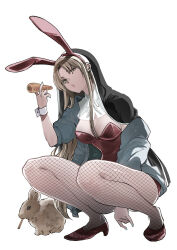  alternate_costume animal_ear_hairband animal_ears between_legs black_veil blonde_hair blue_nails breasts bunny_day carrot cleavage commentary fake_animal_ears female fishnet_pantyhose fishnets grey_jacket hair_over_breasts hairband hand_between_own_legs high_heels highres holding holding_carrot jacket jacket_partially_removed leotard lips long_hair looking_at_viewer medium_breasts nail_polish nijisanji nun off_shoulder open_clothes open_jacket pantyhose parted_bangs playboy_bunny rabbit rabbit_ear_hairband rabbit_ears red_leotard red_shoes revision sakayama_shinta shoes shrug_(clothing) simple_background sister_claire sleeves_rolled_up solo squatting strapless strapless_leotard veil virtual_youtuber white_background white_shrug white_wrist_cuffs wrist_cuffs yellow_eyes 