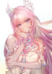  arm_under_breasts bare_shoulders breasts closed_mouth commentary cyrene_(demiurge)_(honkai:_star_rail) cyrene_(honkai:_star_rail) detached_sleeves diamond-shaped_pupils diamond_(shape) female flower hair_flower hair_ornament hand_on_own_cheek hand_on_own_elbow hand_on_own_face head_tilt highres honkai:_star_rail honkai_(series) large_breasts long_hair looking_at_viewer pink_hair purple_eyes sera_(serappi) simple_background smile solo symbol-shaped_pupils upper_body very_long_hair white_background 