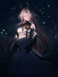  absurdres arknights ashen_illust black_background black_dress black_horns breasts cleavage_cutout closed_mouth clothing_cutout commentary dark dress female hair_between_eyes hair_intakes highres horns light_particles long_sleeves looking_at_viewer medium_breasts own_hands_together pink_eyes pink_hair solo standing theresa_(arknights) turtleneck turtleneck_dress white_dress 