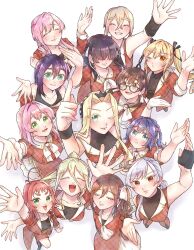  6+girls :3 :d ;) ^_^ antenna_hair arm_up bare_arms black_hair blonde_hair blue_eyes blue_hair brown_eyes brown_hair closed_eyes commentary crossed_bangs curtained_hair eiai_nano facing_viewer fingerless_gloves from_above glasses gloves green_eyes hair_between_eyes hair_over_eyes hanazono_hahari hanazono_hakari haraga_kurumi highres idol_clothes iin_chiyo inda_karane index_finger_raised kakure_meme kimi_no_koto_ga_dai_dai_dai_dai_daisuki_na_100-nin_no_kanojo light_blush long_bangs long_hair looking_up meido_mei multiple_girls one_eye_closed open_mouth orange_eyes pink_hair ponytail red_eyes red_hair rentarou_family sasarasa short_hair simple_background smile sutou_iku twintails utsukushisugi_mimimi white_background white_hair wristband yakuzen_kusuri yoshimoto_shizuka 