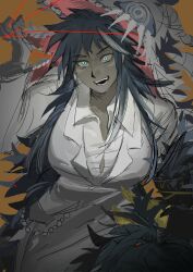  blue_eyes blue_hair breasts crazy_eyes crazy_smile dark-skinned_female dark_skin fangs female highres large_breasts limbus_company orange_background paizuri_invitation project_moon rufo_(project_moon) simple_background slit_pupils smile teeth yujinhu196849 