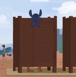  2boys 2girls amugea barefoot beach blue_fur changing_room cloud dark-skinned_female dark_skin day feet highres holding holding_surfboard implied_sex lifeguard_(lilo_&amp;_stitch) lilo_&amp;_stitch multiple_boys multiple_girls outdoors sky standing stitch_(lilo_&amp;_stitch) straight surfboard 
