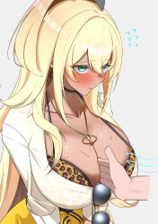  1other absurdres animal_print arm_between_breasts between_breasts blonde_hair blush bra breasts closed_mouth commentary dark-skinned_female dark_skin embarrassed female flying_sweatdrops goddess_of_victory:_nikke green_eyes grey_background hair_between_eyes highres large_breasts leopard_print leopard_print_bra long_hair looking_at_another print_bra rupee_(nikke) shirt skirt solo_focus standing suga_kiiha sunglasses underwear white_shirt yellow_skirt 