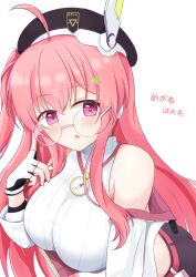  absurdres bemani black_hat black_shorts breasts commentary female fingerless_gloves glasses gloves hat highres jacket large_breasts long_hair looking_at_viewer pink_eyes pink_hair rasis rasis_(nabla) shi_cha short_shorts shorts simple_background solo sound_voltex very_long_hair white_background white_jacket 