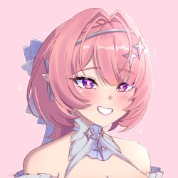  absurdres bare_shoulders blush breasts cleavage commentary dress ear_piercing female grey_ribbon grin hair_intakes hair_ornament hair_ribbon herrscherofart highres medium_hair piercing pink_background pink_eyes pink_hair pink_lips purple_ribbon remielle_dan ribbon simple_background smile solo teeth white_dress white_ribbon zenless_zone_zero 
