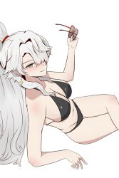 absurdres bikini black_bikini breasts chaos_zero_nightmare crossed_legs earrings from_above glasses hair_over_one_eye hair_tie highres holding holding_removed_eyewear jewelry nine_(chaos_zero_nightmare) swimsuit thighs unworn_eyewear white_background white_hair xelnoth 