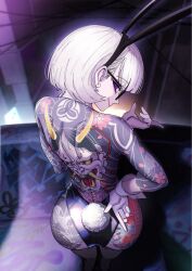  animal_ears ass back_tattoo bunny_day commentary_request female from_above glasses gloves hands_on_own_hips highres irezumi original playboy_bunny purple_eyes rabbit_ears rabbit_tail sasanami_hanna_(zetc_g) short_hair tail tattoo white_gloves white_hair wrist_cuffs zetc_g 