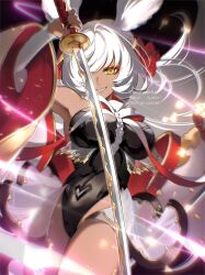  animal_ears armpits bare_shoulders black_nails breasts commentary_request dark-skinned_female dark_skin erune eyeliner female granblue_fantasy hair_ornament holding holding_sword holding_weapon katana kogome_(azalea4) long_hair long_sleeves looking_at_viewer makeup makura_(granblue_fantasy) medium_breasts parted_lips rabbit_ears red_eyeliner solo sword teeth twitter_username weapon white_hair yellow_eyes 