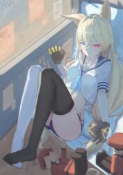  absurdres animal_ears asymmetrical_legwear black_thighhighs blonde_hair blue_buruma blue_eyes breasts buruma character_doll commander_(girls'_frontline) commentary_request covenant_halo_(girls'_frontline_2) doll faelynn_(girls'_frontline_2) faelynn_(sunkissed_shimmer)_(girls'_frontline_2) female fox_ears g41_(girls'_frontline) girls'_frontline girls'_frontline_2:_exilium hair_between_eyes hair_ornament highres long_hair looking_at_viewer mismatched_legwear momoxue navel shirt small_breasts smile solo sphere_hair_ornament thighhighs twintails very_long_hair white_shirt white_thighhighs 