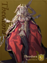  armor bikini_armor black_armor blonde_hair breasts commentary dark-skinned_female dark_skin earrings english_commentary english_text female fire_emblem fire_emblem:_fortune's_weave full_body gold_earrings green_eyes high_heel_sandals high_heels highres hoop_earrings jewelry kurahana_chinatsu long_hair looking_at_viewer medium_breasts official_art sandals simple_background solo theodora_(fire_emblem) weapon yellow_background 