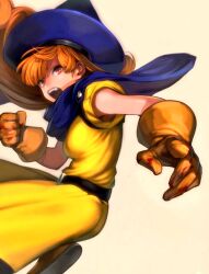  alena_(dq4) armpit_peek belt black_belt blood_on_gloves blue_cape blue_hat boots breasts cape clenched_hand commentary_request cropped dragon_quest dragon_quest_iv dress female floating_cape floating_hair foot_out_of_frame from_side gloves grey_background hat highres jun_(navigavi) long_hair looking_to_the_side medium_breasts nose open_mouth orange_boots orange_gloves orange_hair red_eyes short_sleeves simple_background solo teeth upper_teeth_only witch_hat yellow_dress 