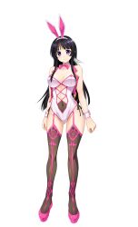  absurdres animal_ear_hairband animal_ears arms_at_sides black_hair bow bowtie breasts brown_thighhighs center_opening commentary_request covered_navel cropped_jacket detached_collar eyelashes fake_animal_ears feather_hair_ornament feathers female full_body garter_straps hair_ornament hairband high_heels highres jacket jinki large_breasts legs_apart leotard long_hair looking_at_viewer multicolored_thighhighs open_clothes open_jacket pink_bow pink_bowtie pink_jacket pink_shoes pink_thighhighs purple_eyes rabbit_ear_hairband rabbit_ears shoes simple_background sleeveless sleeveless_jacket solo standing strapless strapless_leotard thighhighs tsunashima_shirou tsuzaki_aoba very_long_hair white_background wrist_cuffs 