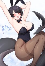  absurdres animal_ear_hairband animal_ears armpits black_bow black_bowtie black_hair black_leotard blush bow bowtie breasts brown_eyes brown_pantyhose cleavage commentary_request covered_navel dated detached_collar ellen_joe fake_animal_ears female fins fish_tail full_cleavage greenteamousou hair_ornament hairband hairclip highleg highleg_leotard highres large_breasts large_tail leotard one_eye_closed open_mouth pantyhose playboy_bunny plunging_neckline rabbit_ear_hairband rabbit_ears shark_tail sharp_teeth short_hair solo tail teeth thighband_pantyhose thighs yawning zenless_zone_zero 