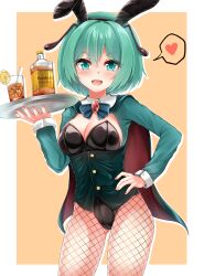  absurdres alcohol alternate_costume animal_ear_hairband animal_ears antennae black_leotard blush bow bowtie breasts brooch cape cleavage commentary_request cup drinking_glass fake_animal_ears female fishnet_pantyhose fishnets food fruit glass_bottle green_bow green_bowtie green_cape green_eyes green_hair green_jacket hairband hand_on_own_hip heart highres holding holding_tray ice ice_cube jacket jewelry lemon lemon_slice leotard long_sleeves looking_at_viewer medium_breasts muki_(munikichan) open_mouth outline pantyhose playboy_bunny rabbit_ear_hairband rabbit_ears red_cape short_hair smile solo spoken_heart strapless strapless_leotard touhou tray two-sided_cape two-sided_fabric whiskey white_outline wriggle_nightbug 