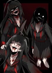  absurdres antenna_hair black_hair blood blood_on_face blue_archive breasts bruise cleavage commentary_request fangs female highres hime_cut horror_(theme) injury long_hair looking_at_viewer multicolored_hair multiple_persona nagai_negi oerba_yun_fang open_mouth school_uniform serafuku solo streaked_hair tears teeth tsurugi_(blue_archive) very_long_hair 