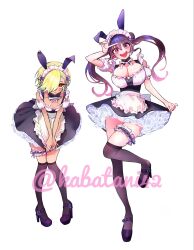  2girls :d animal_ear_hairband animal_ears apron artist_name black_dress black_shoes black_thighhighs blonde_hair blush breasts brown_eyes brown_hair bunny_day cleavage commentary detached_collar detached_sleeves double_bun dress enmaided fake_animal_ears floating_hair frilled_thigh_strap frills full_body hair_bun hair_over_one_eye hairband highres holding_own_skirt kaba_yuuji kakunaru_ue_wa large_breasts leaning_forward long_hair looking_at_viewer maid maid_apron maid_headdress mary_janes miyamoto_niina multiple_girls neck_ribbon open_mouth petticoat puffy_detached_sleeves puffy_sleeves rabbit_ear_hairband rabbit_ears ribbon shioiri_ren shoes short_hair simple_background small_breasts smile standing standing_on_one_leg teeth thigh_strap thighhighs twitter_username upper_teeth_only v waist_apron white_apron white_background white_ribbon white_sleeves 