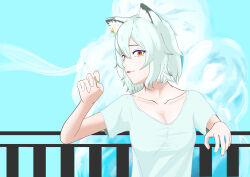  absurdres against_railing animal_ear_fluff black_hair breasts cigarette closed_mouth collarbone commentary_request earrings female hair_between_eyes hands_up highres holding holding_cigarette jewelry looking_at_viewer medium_breasts multiple_earrings parted_lips railing satou_yaniko shirt short_hair short_sleeves slit_pupils smallstone246 smoke solo t-shirt white_hair white_shirt yani_neko yellow_eyes 