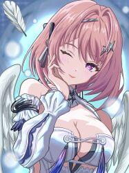  absurdres bare_shoulders blush breasts cleavage closed_mouth commentary detached_sleeves dress eyelashes feathered_wings feathers female highres large_breasts long_sleeves macqueen7777 medium_hair one_eye_closed pink_eyes pink_hair pink_lips remielle_dan smile solo tassel white_dress white_feathers white_sleeves white_wings wings zenless_zone_zero 