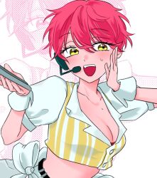  alien_stage belt breasts cleavage collarbone collared_shirt commentary crop_top cropped_shirt female hair_between_eyes headset highres microphone mizi_(alien_stage) official_alternate_costume pink_hair shirt short_hair solo striped_clothes striped_shirt teeth two-tone_shirt untranslatable_commentary upper_teeth_only vertical-striped_clothes vertical-striped_shirt very_short_hair waitress white_shirt white_wrist_cuffs wrist_cuffs yellow_eyes yellow_shirt yezz_io 