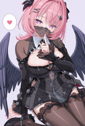  absurdres belt black_belt black_corset blush breasts commentary_request corset female finger_to_mouth goth_fashion hair_ornament hair_ribbon highres index_finger_raised jewelry kneeling lace_mask lace_trim large_breasts looking_at_viewer pink_hair purple_eyes remielle_dan remielle_dan_(moonlight_whispers) ribbon ring shushing solo star_(symbol) star_hair_ornament thighhighs tsukimi_yaya wings zenless_zone_zero zipper 