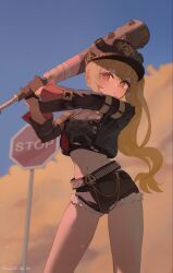  ass_visible_through_thighs belt blonde_hair brown_eyes club_(weapon) crop_top cropped_jacket cropped_shirt denim denim_shorts female helmet highres long_hair looking_at_viewer luciana_de_montefio navel pamo road_sign shorts side_ponytail sign solo standing stomach stop_sign weapon zenless_zone_zero 