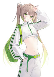  absurdres arm_up bag bandaid bandaid_on_cheek bandaid_on_face bandaid_on_stomach belt blush breasts brown_hair commentary cowboy_shot cropped_jacket crossed_bandaids facial_mark female fingernails gradient_hair green_bag green_belt green_eyes green_hair hair_intakes hand_in_pocket hand_to_head head_tilt heart heart_facial_mark highres jacket lisu long_hair long_sleeves looking_at_viewer multicolored_hair navel original pants parted_lips puffy_long_sleeves puffy_sleeves shoulder_bag simple_background small_breasts solo standing stomach striped_clothes striped_pants twintails untranslatable_commentary vertical-striped_clothes vertical-striped_pants vertical-striped_sleeves very_long_hair white_background white_jacket white_pants 