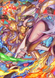  absurdres adversarial_noise animal_ears arm_up armor armpits ass belt bikini_armor black_bodysuit bodysuit breasts cleavage commentary_request covered_eyes detached_sleeves digimon digimon_(creature) earrings facial_mark familiar fang_out female fox_ears fox_mask full_body gold_armor grey_hair grin highres holding holding_staff jewelry large_breasts long_hair mask mochachiiino multiple_earrings oerba_yun_fang purple_lips purple_nails sakuyamon sakuyamon_x-antibody shakujou shoulder_armor sidelocks signature smile solo staff stomach teeth watermark white_belt white_sleeves x-antibody yellow_armor yellow_collar yellow_mask yin_yang yin_yang_print 