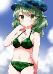  :/ alternate_costume bikini blue_hat blue_sky blurry blush breasts camouflage camouflage_bikini camouflage_hat cleavage closed_mouth commentary_request day depth_of_field eyes_visible_through_hair female green_bikini green_eyes green_hair groin hat highres long_hair looking_at_viewer navel ruu_(tksymkw) sky solo stomach swimsuit touhou yamashiro_takane 