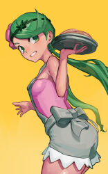  absurdres breasts commentary female flower from_side green_eyes green_hair grey_overalls grin hair_flower hair_ornament highres holding holding_plate long_hair mallow_(pokemon) overalls pink_shirt plate pokemon pokemon_sun_and_moon rasoso_(wyzx4524) shirt smile solo swept_bangs teeth twintails yellow_background 